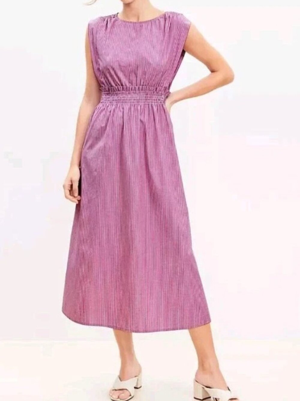LOFT Dress Midi Pink Purple Stripe Cotton Elastic Waist Size XS